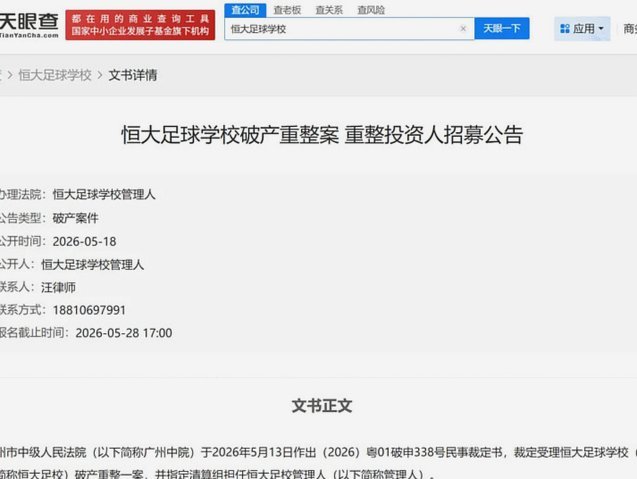 恒大足球学校破产重整风波
